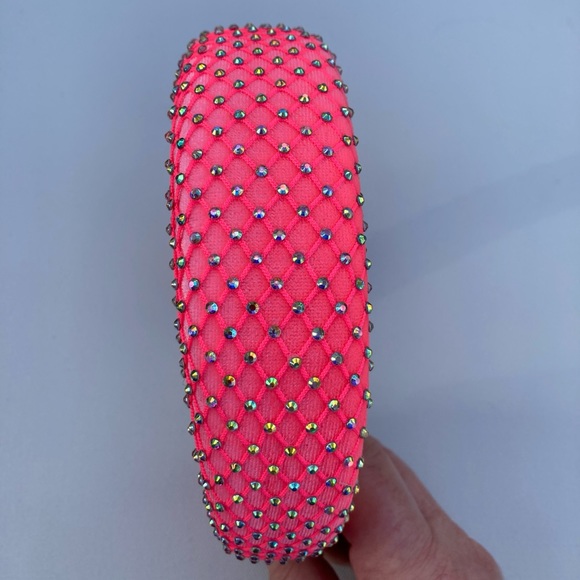 Hot Pink Padded 1.5” Headband with Rhinestone-Adorned Mesh Overlay Handmade New - Picture 5 of 10